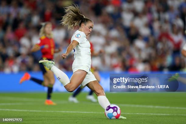 Georgia Stanway of England scores their team's second goal during the UEFA Women's Euro 2022 Quarter Final match between England and Spain at...