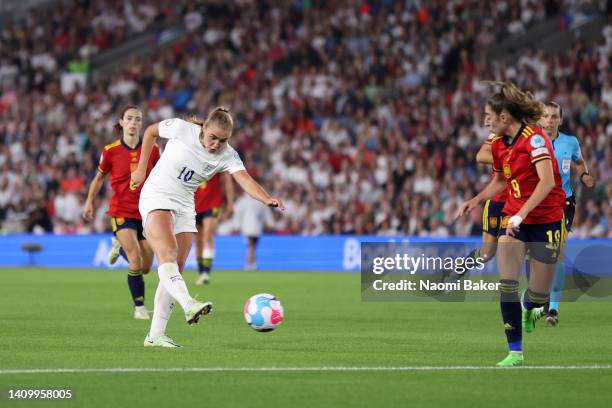 Georgia Stanway of England scores their team's second goal during the UEFA Women's Euro 2022 Quarter Final match between England and Spain at...