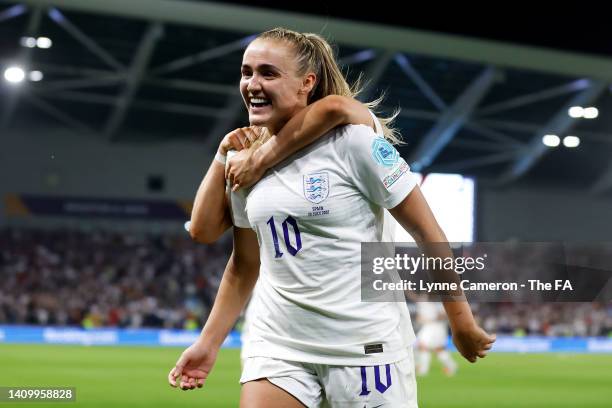 Georgia Stanway of England celebrates with teammate Lauren Hemp after scoring their team's second goal during the UEFA Women's Euro 2022 Quarter...