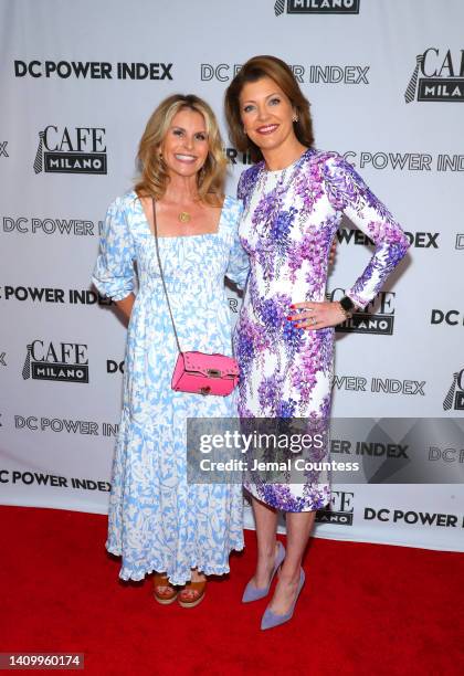 Adrienne Elrod and Norah O'Donnell attend 2022 DC Power Index Prize Lunch hosted by Joanna Coles, Teresa Carlson and DeDe Lea at Cafe Milano on July...