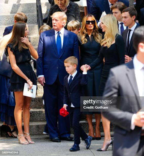 Donald Trump, Melania Trump, Ivanka Trump and Jared Kushner are seen departing St. Vincent Ferrer Church on July 20, 2022 in New York City.