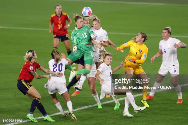 Sandra Panos of Spain jumps for the ball under pressure from Alex Greenwood, Ella Toone, Leah Williamson and Mary Earps of England during the UEFA...