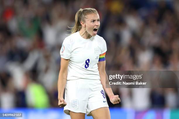 Leah Williamson of England celebrates after their sides victory during the UEFA Women's Euro 2022 Quarter Final match between England and Spain at...