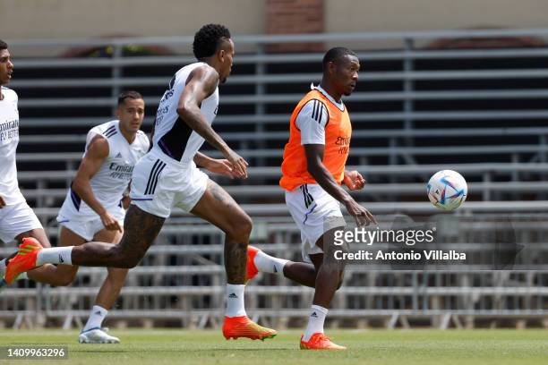 David Alaba player of Real Madrid is training with teammates at UCLA Campus on July 20, 2022 in Madrid, Spain.