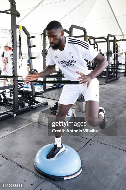 Antonio Rüdiger player of Real Madrid is training at UCLA Campus on July 20, 2022 in Los Angeles, California.