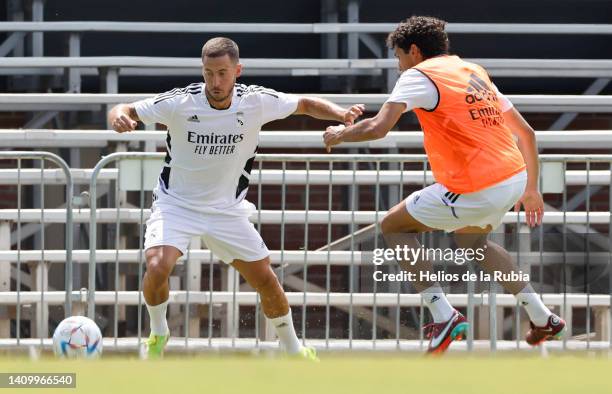 Eden Hazard and Jesús Vallejo players of Real Madrid are training at UCLA Campus on July 20, 2022 in Los Angeles, California.