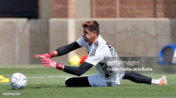 Thibaut Courtois player of Real Madrid is training with teammates at UCLA Campus on July 20, 2022 in Los Angeles, California.