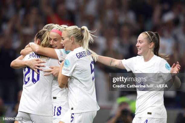 Ella Toone of England celebrates with Chloe Kelly, Alex Greenwood and Keira Walsh of England after scoring their team's first goal during the UEFA...