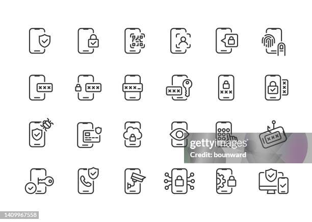 ilustraciones, imágenes clip art, dibujos animados e iconos de stock de iconos de línea de seguridad del teléfono móvil. trazo editable. - ojos abiertos