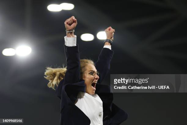 Sarina Wiegman, Manager of England celebrates after their sides victory during the UEFA Women's Euro 2022 Quarter Final match between England and...
