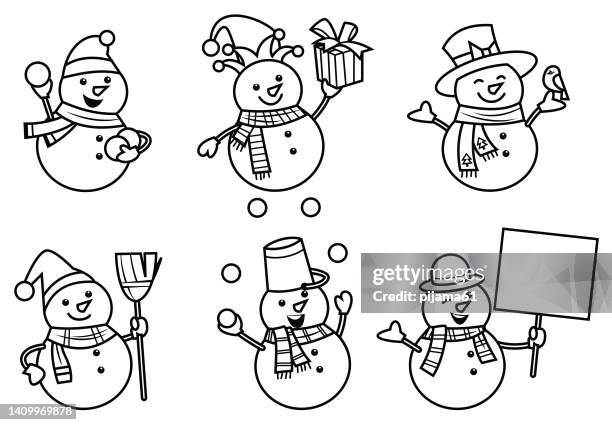 set of christmas snowmans isolated on white background - coloring book stock illustrations