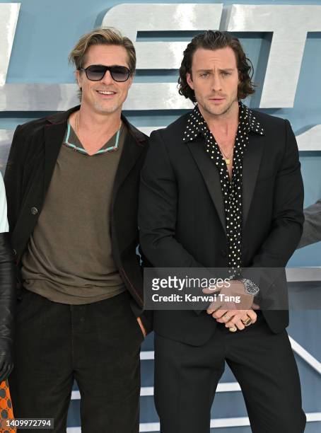 Brad Pitt and Aaron Taylor-Johnson attend the "Bullet Train" UK Gala Screening at Cineworld Leicester Square on July 20, 2022 in London, England.