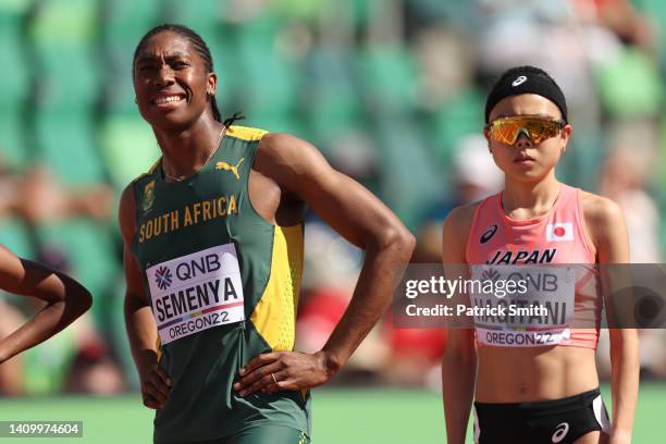 Caster Semenya of Team South Africa and Kaede Hagitani of Team Japan prepare to compete in the Women's 5000m heats on day six of the World Athletics...