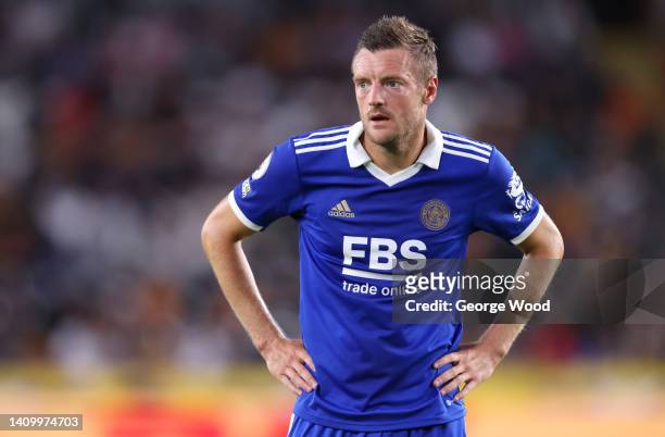Jamie Vardy of Leicester City looks on during the Pre-Season Friendly between Hull City and Leicester City at MKM Stadium on July 20, 2022 in Hull,...