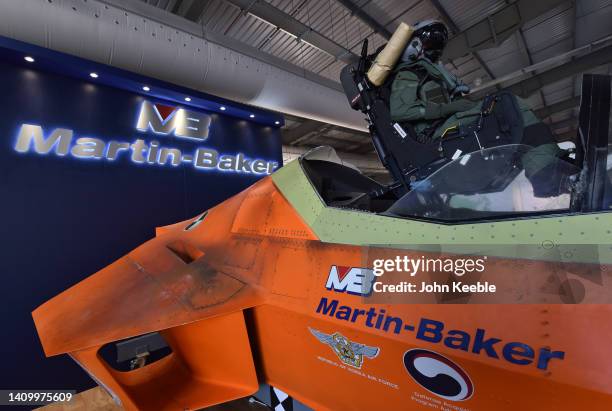 Martin-Baker KR18A MK18 Ejection/Ejector seat is displayed during the Farnborough International Airshow 2022 on July 18, 2022 in Farnborough,...