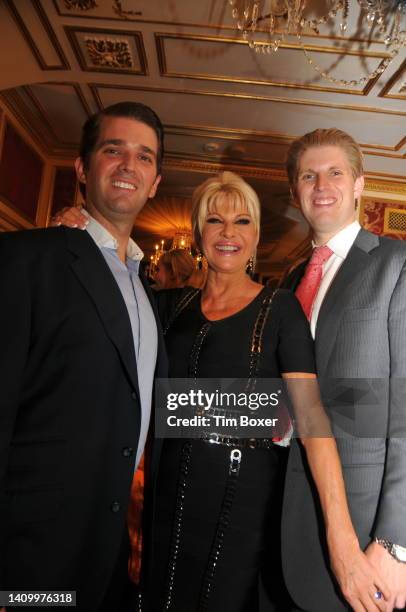 Ivana Trump, ex-wife of mogul Donald Trump, celebrates with her sons Donald Trump, Jr. And Eric Trump at a party to introduce her brand of wine to...