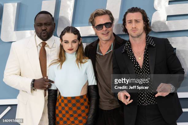 Brian Tyree Henry, Joey King, Brad Pitt and Aaron Taylor-Johnson attend the "Bullet Train" UK Gala Screening at Cineworld Leicester Square on July...