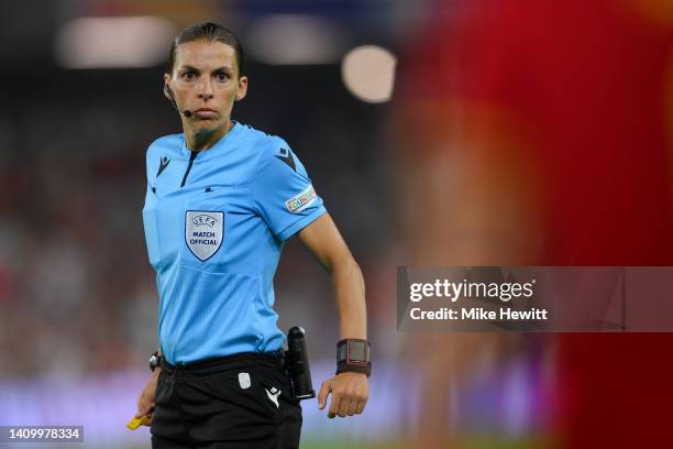 Referee Stephanie Frappart of France in action during the UEFA Women's Euro England 2022 Quarter Final match between England and Spain at Brighton &...