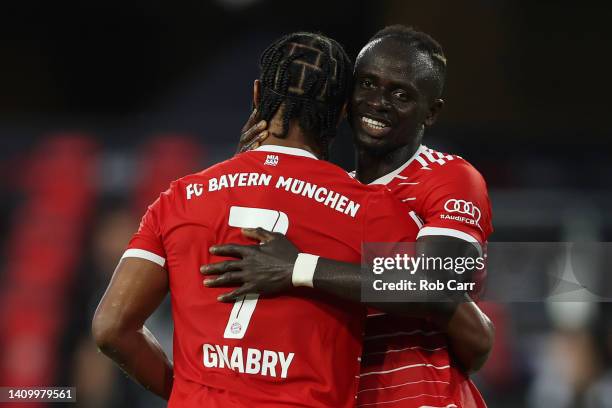 Serge Gnabry of Bayern Munich celebrates after scoring their side's third goal with Sadio Mane during the pre-season friendly match between DC United...