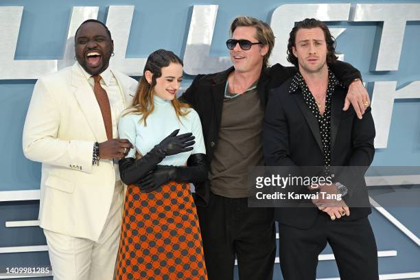 Brian Tyree Henry, Joey King, Brad Pitt and Aaron Taylor-Johnson attend the "Bullet Train" UK Gala Screening at Cineworld Leicester Square on July...