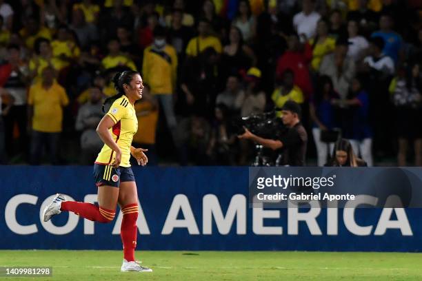 Daniela Alexandra Arias Rojas of Colombia celebrates after scoring the second goal of her team during a match between Colombia and Chile as part of...
