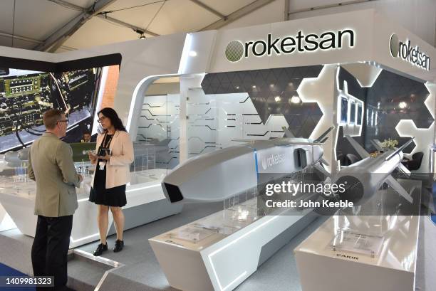 The Roketsan SOM-J Stand-Off Missile and the çakır new generation cruise missile are displayed during the Farnborough International Airshow 2022 on...