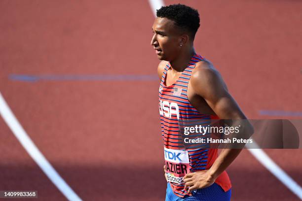 Donavan Brazier of Team United States looks on after competing in the Men's 800m heats on day six of the World Athletics Championships Oregon22 at...