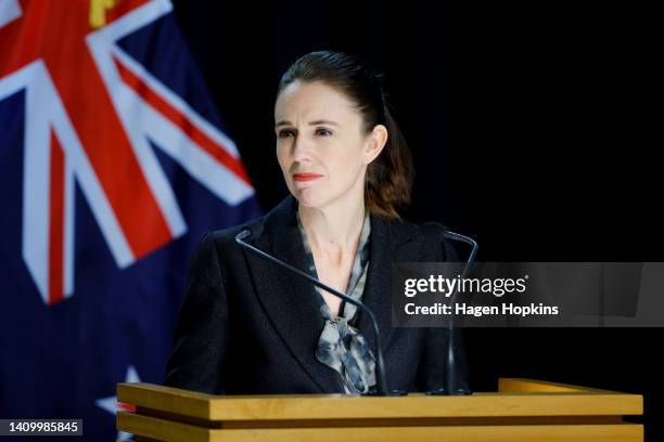 New Zealand Prime Minister Jacinda Ardern looks on during a press conference at Parliament on July 21, 2022 in Wellington, New Zealand. It is Niue...