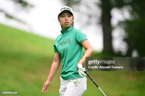 Nanako Ueno of Japan reacts after her tee shot on the 12th hole during the first round of Daito Kentaku eHeyanet Ladies at Takino Country Club on...