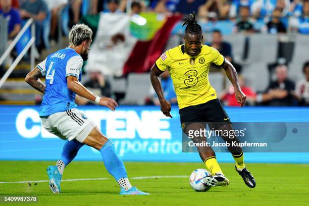 Michy Batshuayi of Chelsea runs with the ball during the Pre-Season Friendly match between Chelsea FC and Charlotte FC at Bank of America Stadium on...