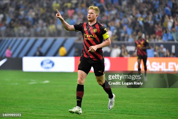 Kevin De Bruyne of Manchester City celebrates after scoring their sides first goal during the Pre-Season friendly match between Manchester City and...