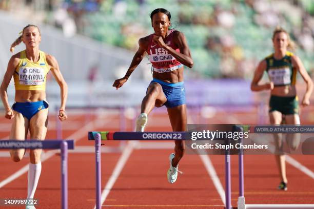 Dalilah Muhammad of Team United States competes in the Women's 400m Hurdles heats on day six of the World Athletics Championships Oregon22 at Hayward...