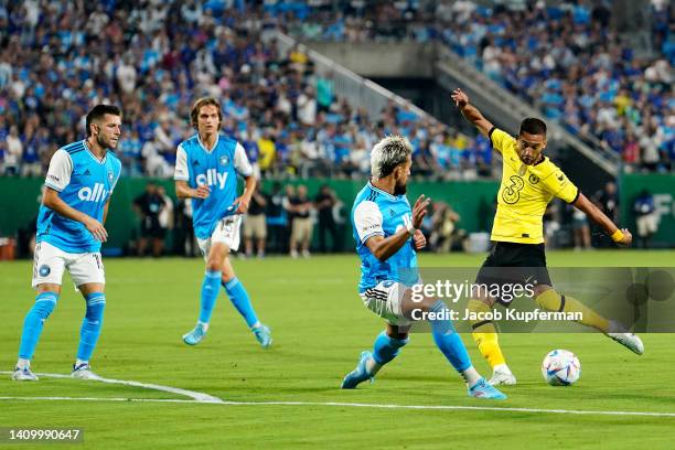 Hakim Ziyech of Chelsea shoots during the Pre-Season Friendly match between Chelsea FC and Charlotte FC at Bank of America Stadium on July 20, 2022...