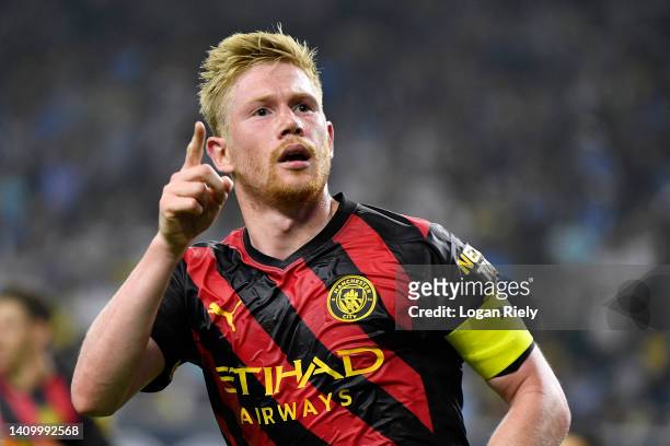Kevin De Bruyne of Manchester City celebrates after scoring their sides second goal during the Pre-Season friendly match between Manchester City and...