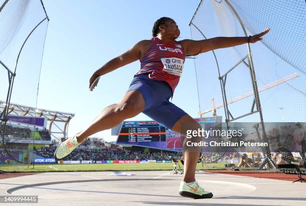 Laulauga Tausaga of Team United States competes in the Women's Discus Throw Final on day six of the World Athletics Championships Oregon22 at Hayward...
