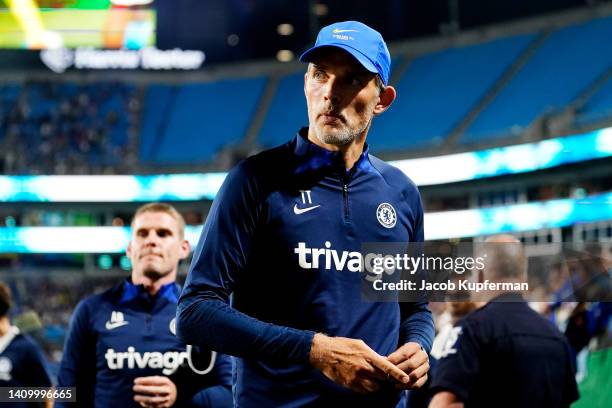 Thomas Tuchel, Manager of Chelsea looks on after the Pre-Season Friendly match between Chelsea FC and Charlotte FC at Bank of America Stadium on July...