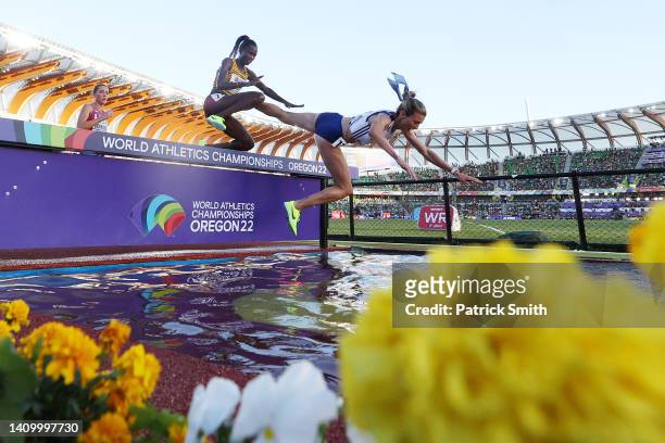 Alice Finot of Team France falls during the Women's 3000m Steeplechase Final on day six of the World Athletics Championships Oregon22 at Hayward...