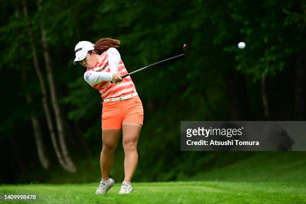 Saki Asai of Japan hits her tee shot on the 13th hole during the first round of Daito Kentaku eHeyanet Ladies at Takino Country Club on July 21, 2022...