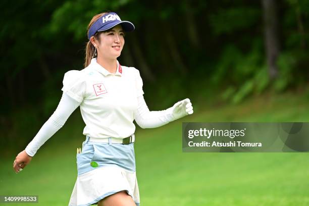 Nanoko Hayashi of Japan smiles on the 13th hole during the first round of Daito Kentaku eHeyanet Ladies at Takino Country Club on July 21, 2022 in...