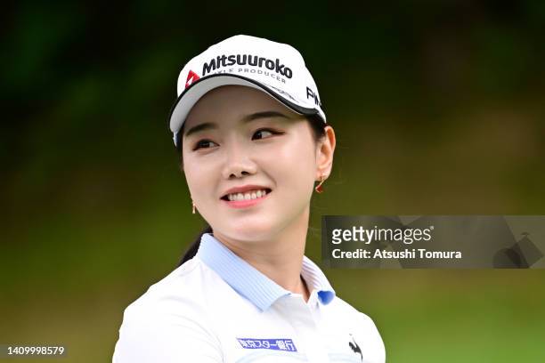 Yuting Seki of China smiles on the 13th hole during the first round of Daito Kentaku eHeyanet Ladies at Takino Country Club on July 21, 2022 in...