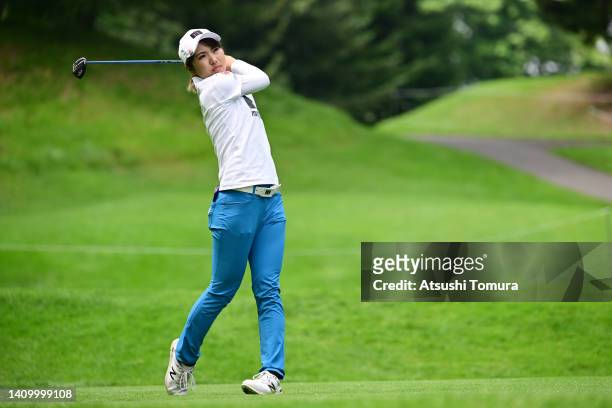 Hiromu Ono of Japan hits her tee shot on the 12th hole during the first round of Daito Kentaku eHeyanet Ladies at Takino Country Club on July 21,...