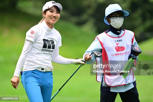 Hiromu Ono of Japan reacts after her tee shot on the 12th hole during the first round of Daito Kentaku eHeyanet Ladies at Takino Country Club on July...