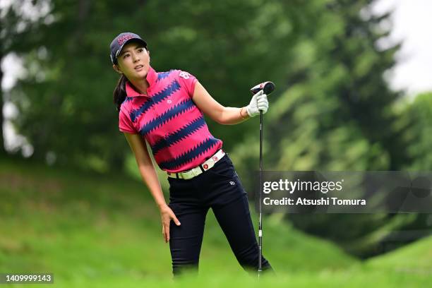 Chae-young Yoon of South Korea reacts after her tee shot on the 12th hole during the first round of Daito Kentaku eHeyanet Ladies at Takino Country...