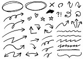Set of various handwritten arrows, lines, and symbols
