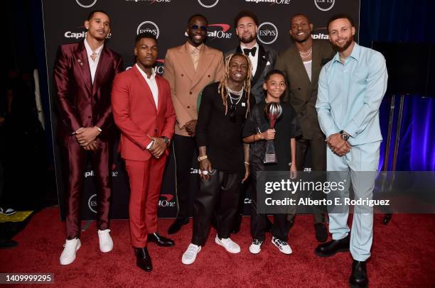 Juan Toscano-Anderson, John Boyega, Draymond Green, Lil Wayne, Klay Thompson, Kameron Carter, Andre Iguodala, and Stephen Curry attend the 2022 ESPYs...