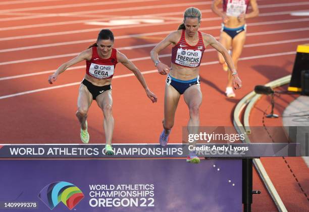 Luiza Gega of Team Albania and Courtney Frerichs of Team United States compete in the Women's 3000m Steeplechase Final on day six of the World...