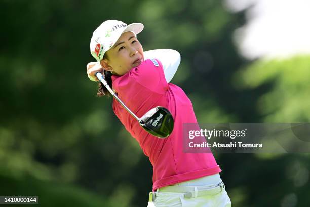 Yoko Maeda of Japan hits her tee shot on the 12th hole during the first round of Daito Kentaku eHeyanet Ladies at Takino Country Club on July 21,...