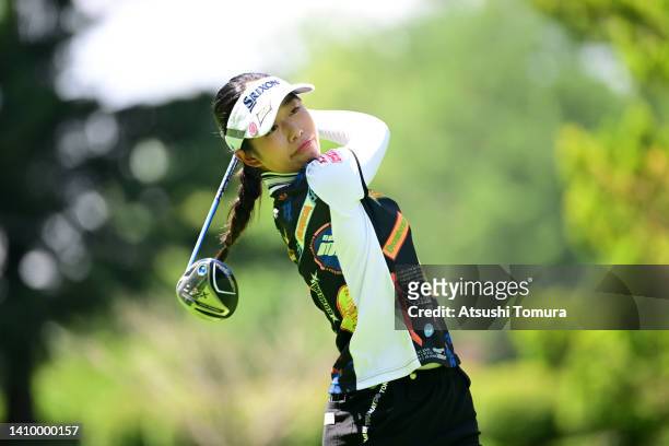 Kokone Yoshimoto of Japan hits her tee shot on the 12th hole during the first round of Daito Kentaku eHeyanet Ladies at Takino Country Club on July...
