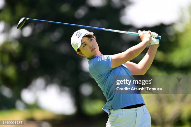 Aya Kinoshita of Japan hits her tee shot on the 12th hole during the first round of Daito Kentaku eHeyanet Ladies at Takino Country Club on July 21,...