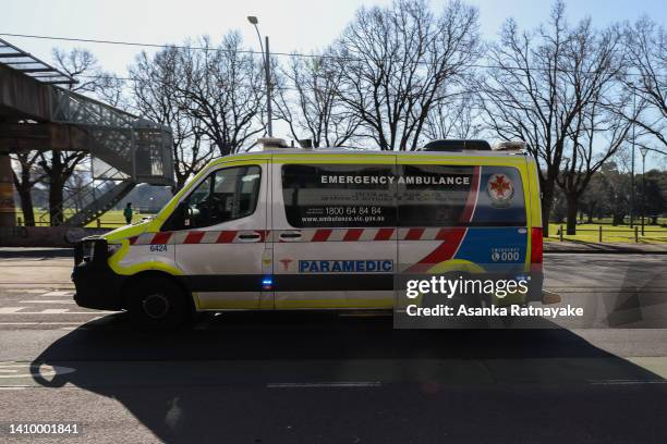 An ambulance arrives at the Emergency entrance of the Alfred Hospital on July 21, 2022 in Melbourne, Australia. Victoria recorded 14,312 official...